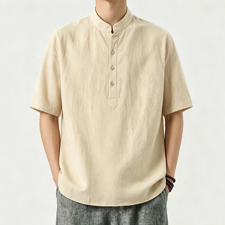 Buddha Stones Letnie, swobodne koszule męskie z krótkim rękawem i kołnierzykiem stójkowym - Khaki - US/UK/AU46, EU56 (5XL) - image 0