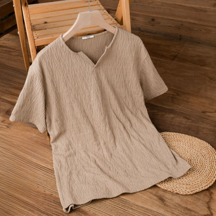 Buddha Stones Letnie, swobodne, minimalistyczne, męskie koszulki z krótkim rękawem i dekoltem w serek - BurlyWood - US/UK/AU42, EU52 (3XL) - image 5
