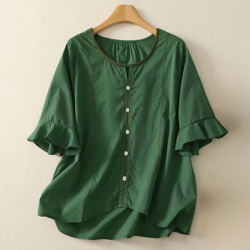 Buddha Stones Letnia, swobodna koszula damska w stylu boho, zapinana na guziki, z bufiastymi rękawami i bufiastymi rękawami - ForestGreen - US12, UK/AU16, EU44 (2XL) - image 0