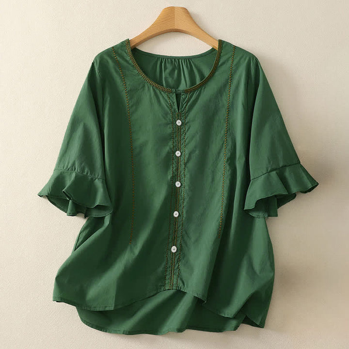 Buddha Stones Letnia, swobodna koszula damska w stylu boho, zapinana na guziki, z bufiastymi rękawami i bufiastymi rękawami - ForestGreen - US12, UK/AU16, EU44 (2XL) - image 0