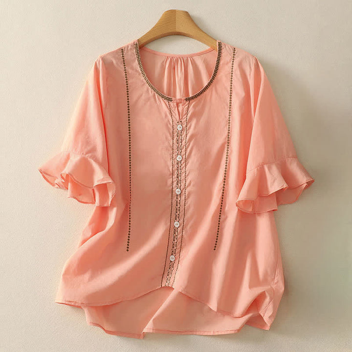 Buddha Stones Letnia, swobodna koszula damska w stylu boho, zapinana na guziki, z bufiastymi rękawami i bufiastymi rękawami - LightSalmon - US12, UK/AU16, EU44 (2XL) - image 10