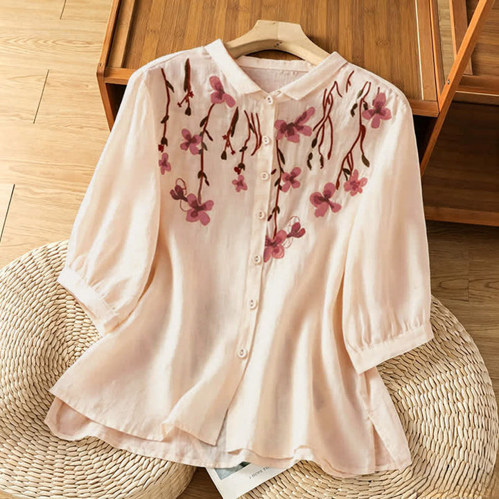 Buddha Stones Letnie, vintage'owe, haftowane, kwiatowe koszule damskie z krótkim rękawem - PeachPuff - US8-10, UK/AU12-14, EU40-42 (2XL) - image 0