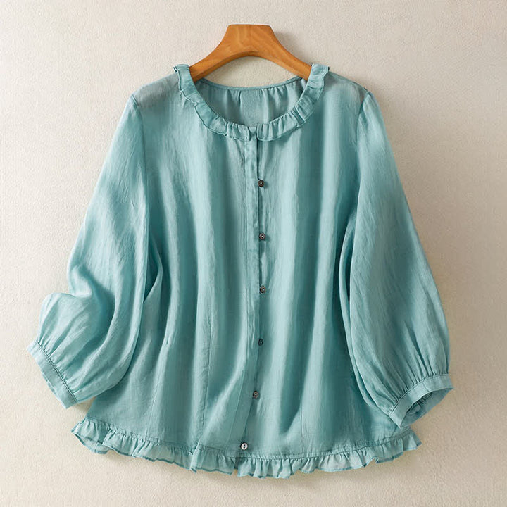 Buddha Stones Letnia, swobodna, vintage'owa koszula damska z guzikami, falbaną i okrągłym dekoltem, z długim rękawem - PowderBlue - US12, UK/AU16, EU44 (2XL) - image 0