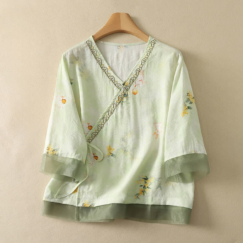 Buddha Stones Letnia damska koszulka w stylu vintage z haftem kwiatowym i dekoltem w serek, z rękawem 3/4 - PaleGreen - US8-10, UK/AU12-14, EU40-42 (2XL) - image 9