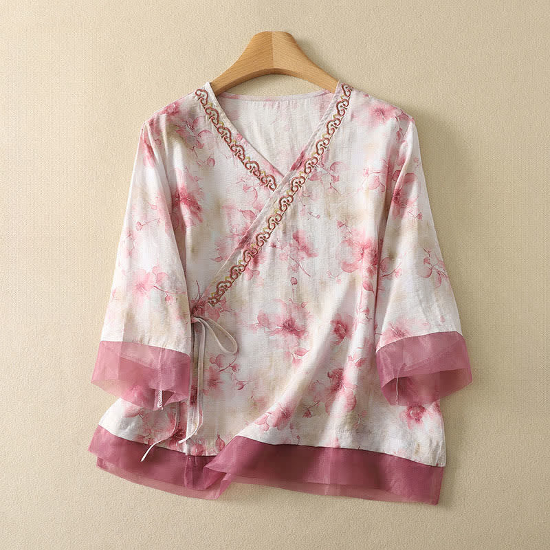 Buddha Stones Letnia damska koszulka w stylu vintage z haftem kwiatowym i dekoltem w serek, z rękawem 3/4 - MistyRose - US8-10, UK/AU12-14, EU40-42 (2XL) - image 17
