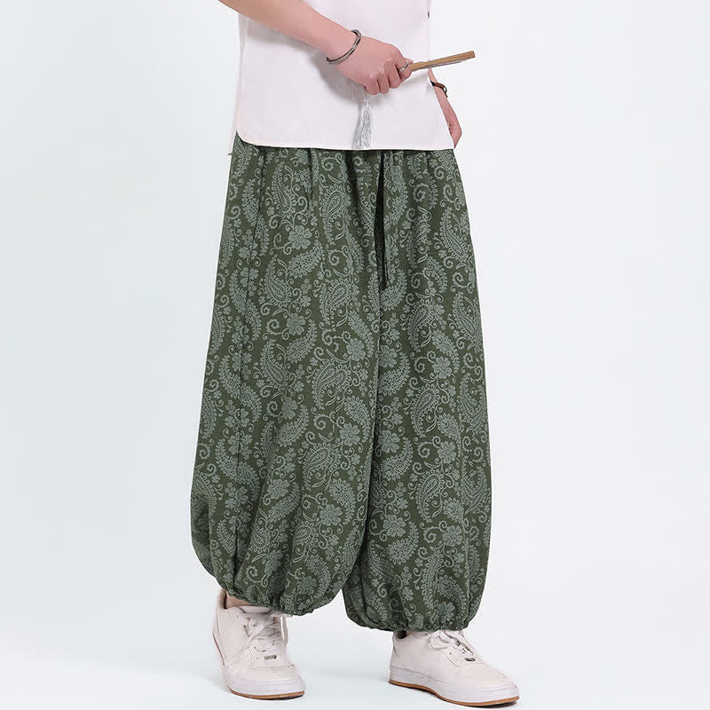 Buddha Stones Letnie spodnie capri w stylu boho, swobodne, ściągane sznurkiem, wzór paisley, męskie, haremowe, z kieszenią - image 3