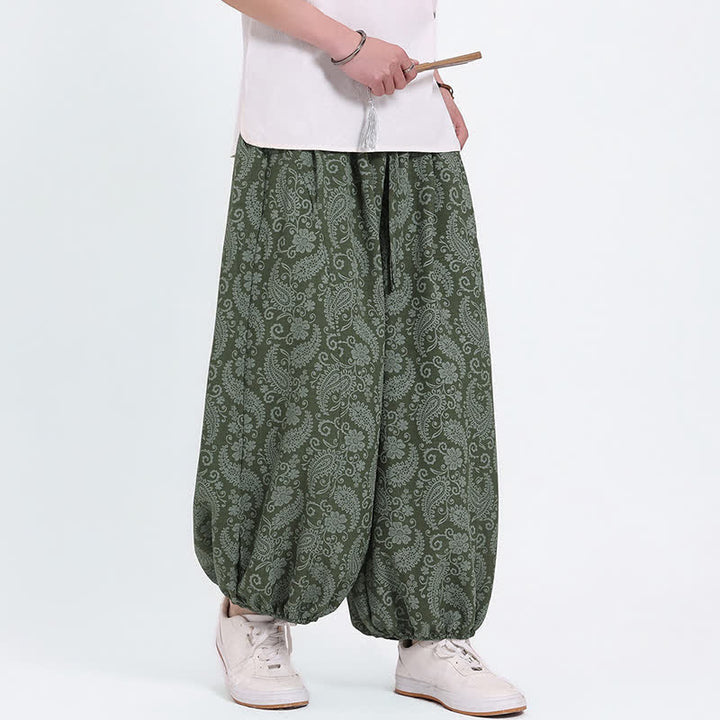 Buddha Stones Letnie spodnie capri w stylu boho, swobodne, ściągane sznurkiem, wzór paisley, męskie, haremowe, z kieszenią - image 3