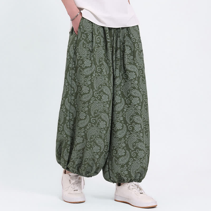 Buddha Stones Letnie spodnie capri w stylu boho, swobodne, ściągane sznurkiem, wzór paisley, męskie, haremowe, z kieszenią - Oliwkowy - US/UK/AU46, EU56 (5XL) - image 0