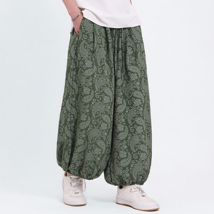 Buddha Stones Letnie spodnie capri w stylu boho, swobodne, ściągane sznurkiem, wzór paisley, męskie, haremowe, z kieszenią - Oliwkowy - US/UK/AU46, EU56 (5XL) - image 0