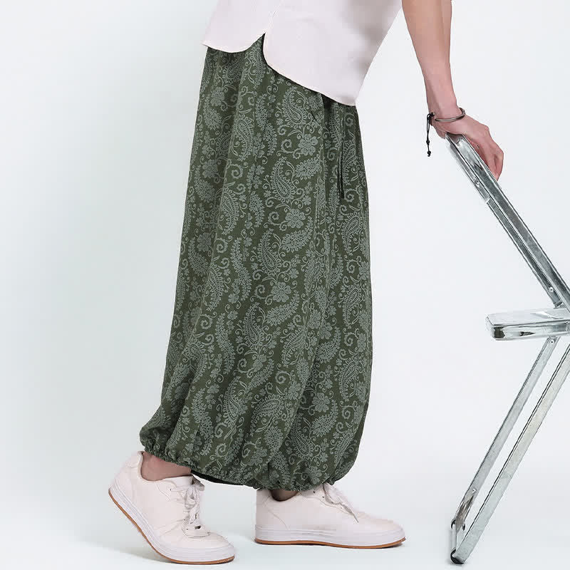 Buddha Stones Letnie spodnie capri w stylu boho, swobodne, ściągane sznurkiem, wzór paisley, męskie, haremowe, z kieszenią - image 4