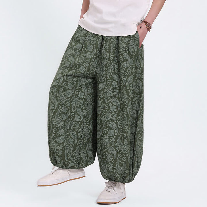 Buddha Stones Letnie spodnie capri w stylu boho, swobodne, ściągane sznurkiem, wzór paisley, męskie, haremowe, z kieszenią - image 2