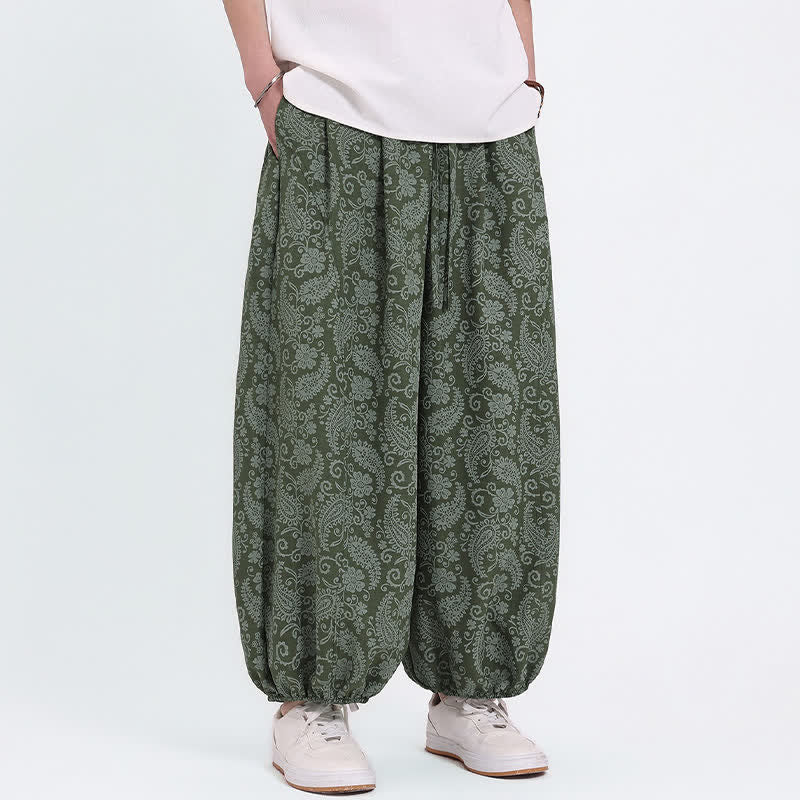 Buddha Stones Letnie spodnie capri w stylu boho, swobodne, ściągane sznurkiem, wzór paisley, męskie, haremowe, z kieszenią - image 1