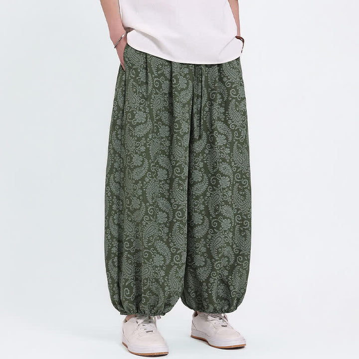 Buddha Stones Letnie spodnie capri w stylu boho, swobodne, ściągane sznurkiem, wzór paisley, męskie, haremowe, z kieszenią - image 1