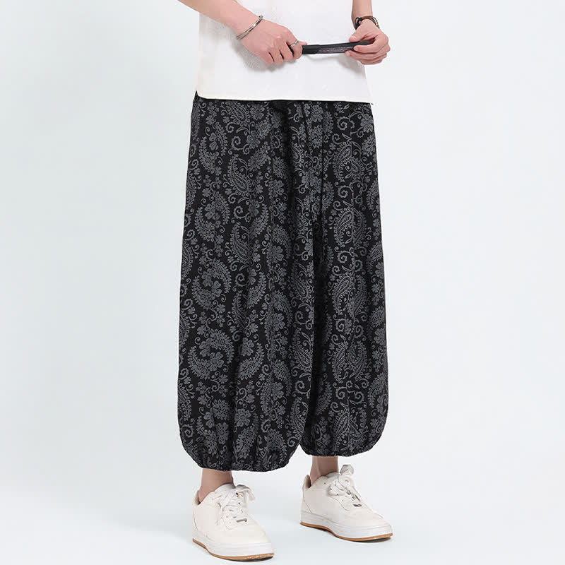 Buddha Stones Letnie spodnie capri w stylu boho, swobodne, ściągane sznurkiem, wzór paisley, męskie, haremowe, z kieszenią - image 7