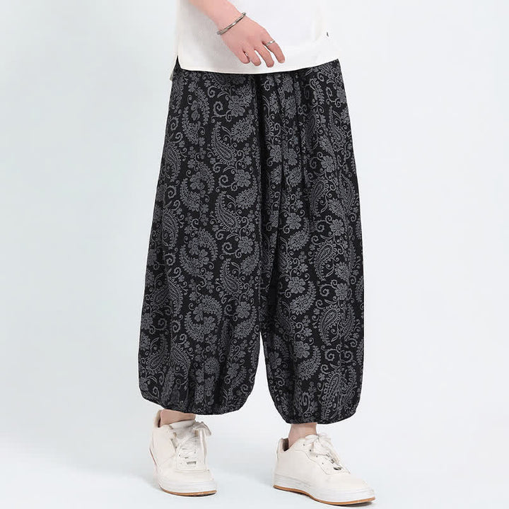Buddha Stones Letnie spodnie capri w stylu boho, swobodne, ściągane sznurkiem, wzór paisley, męskie, haremowe, z kieszenią - Czarny - US/UK/AU46, EU56 (5XL) - image 6