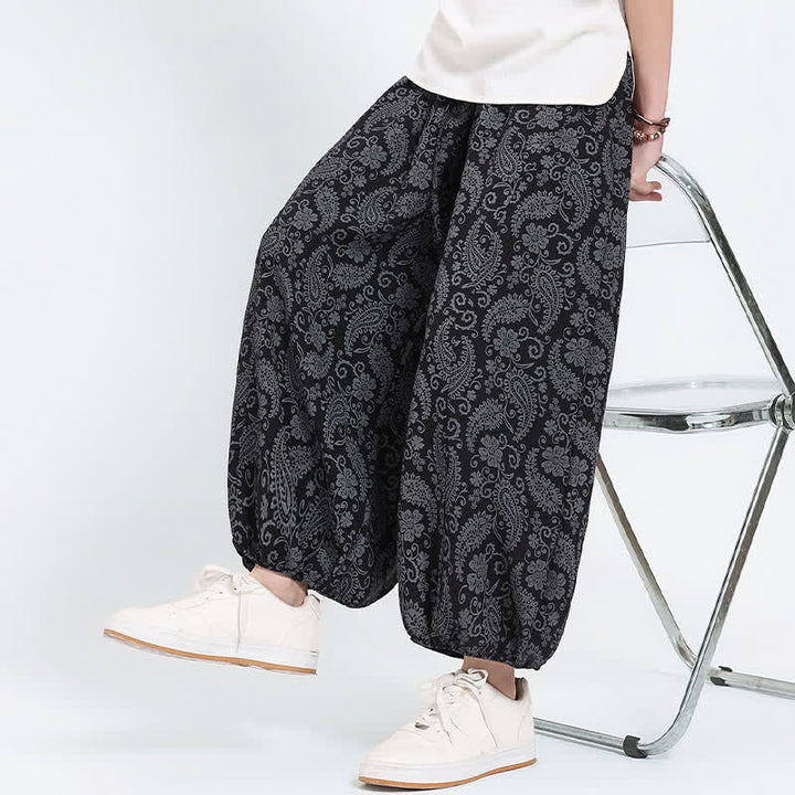 Buddha Stones Letnie spodnie capri w stylu boho, swobodne, ściągane sznurkiem, wzór paisley, męskie, haremowe, z kieszenią - image 12
