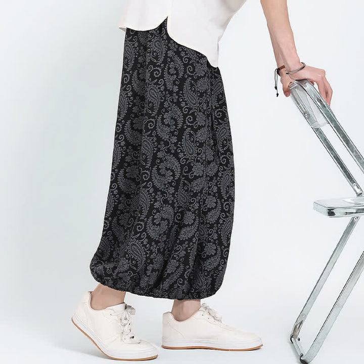 Buddha Stones Letnie spodnie capri w stylu boho, swobodne, ściągane sznurkiem, wzór paisley, męskie, haremowe, z kieszenią - image 11