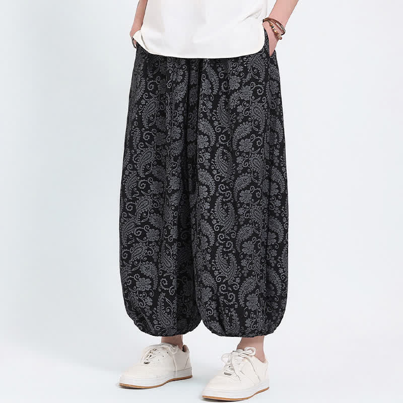Buddha Stones Letnie spodnie capri w stylu boho, swobodne, ściągane sznurkiem, wzór paisley, męskie, haremowe, z kieszenią - image 8