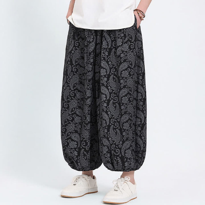 Buddha Stones Letnie spodnie capri w stylu boho, swobodne, ściągane sznurkiem, wzór paisley, męskie, haremowe, z kieszenią - image 8