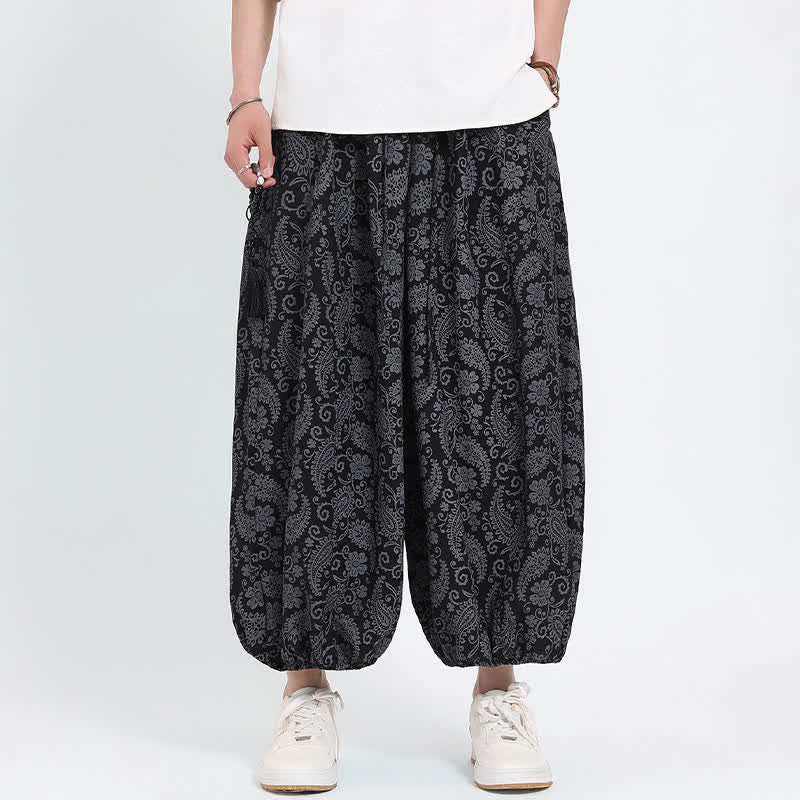 Buddha Stones Letnie spodnie capri w stylu boho, swobodne, ściągane sznurkiem, wzór paisley, męskie, haremowe, z kieszenią - image 9