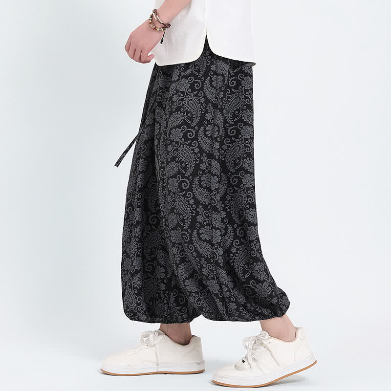 Buddha Stones Letnie spodnie capri w stylu boho, swobodne, ściągane sznurkiem, wzór paisley, męskie, haremowe, z kieszenią - image 10