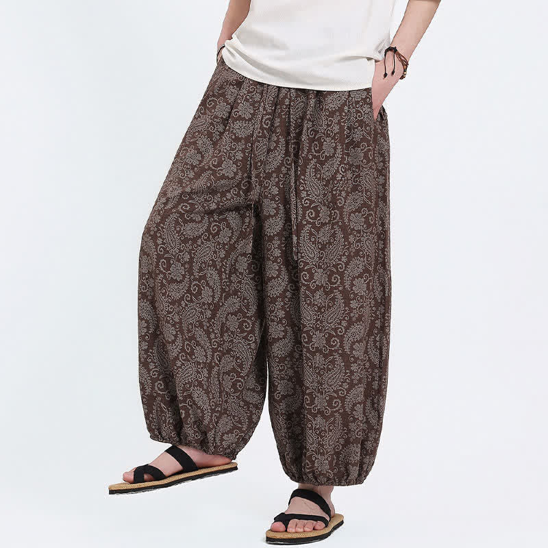 Buddha Stones Letnie spodnie capri w stylu boho, swobodne, ściągane sznurkiem, wzór paisley, męskie, haremowe, z kieszenią - image 18