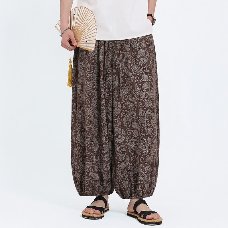 Buddha Stones Letnie spodnie capri w stylu boho, swobodne, ściągane sznurkiem, wzór paisley, męskie, haremowe, z kieszenią - image 14