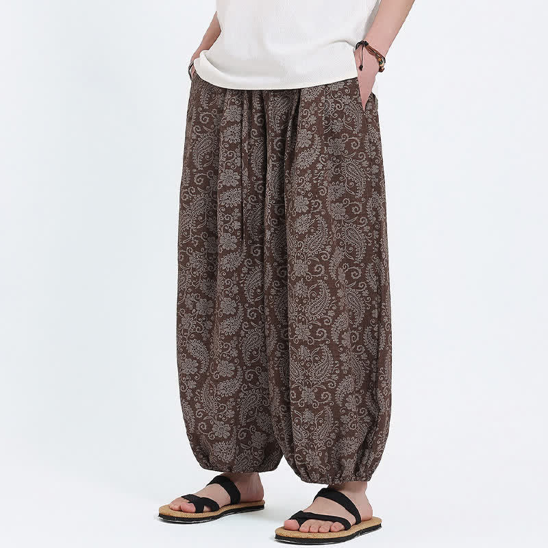 Buddha Stones Letnie spodnie capri w stylu boho, swobodne, ściągane sznurkiem, wzór paisley, męskie, haremowe, z kieszenią - image 16