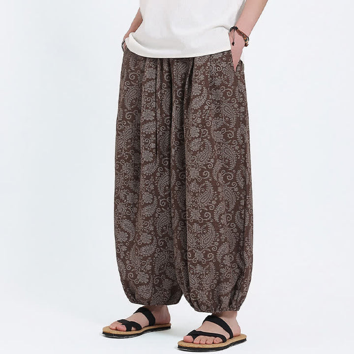 Buddha Stones Letnie spodnie capri w stylu boho, swobodne, ściągane sznurkiem, wzór paisley, męskie, haremowe, z kieszenią - image 16