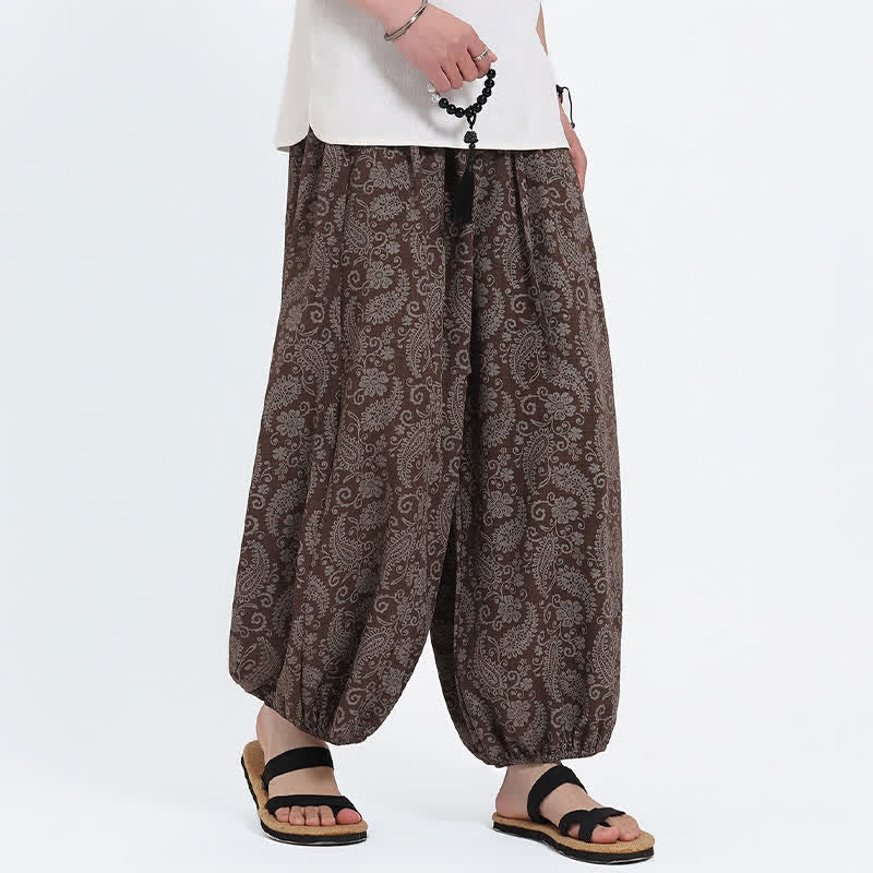 Buddha Stones Letnie spodnie capri w stylu boho, swobodne, ściągane sznurkiem, wzór paisley, męskie, haremowe, z kieszenią - image 15