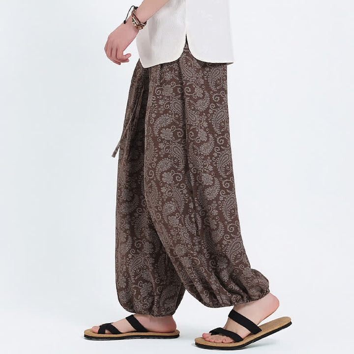 Buddha Stones Letnie spodnie capri w stylu boho, swobodne, ściągane sznurkiem, wzór paisley, męskie, haremowe, z kieszenią - image 17