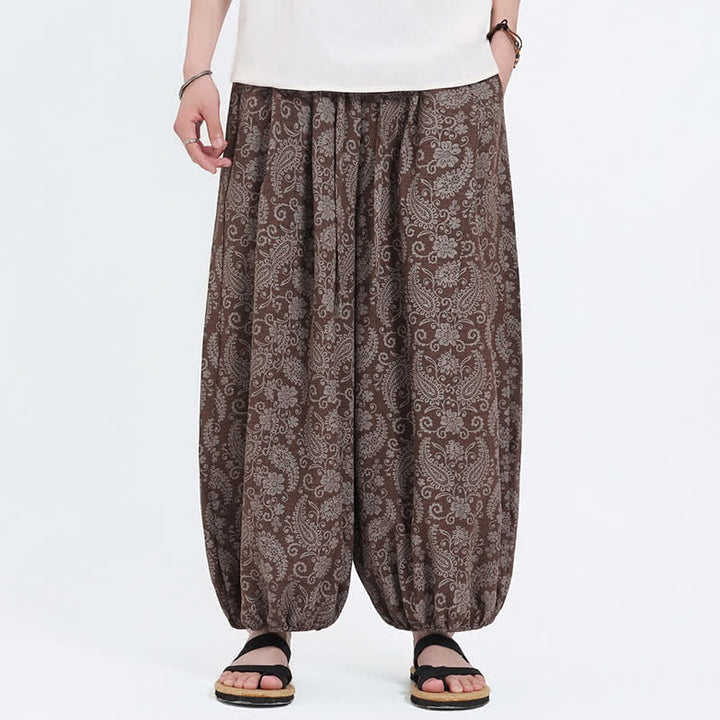 Buddha Stones Letnie spodnie capri w stylu boho, swobodne, ściągane sznurkiem, wzór paisley, męskie, haremowe, z kieszenią - Sjena - US/UK/AU46, EU56 (5XL) - image 13