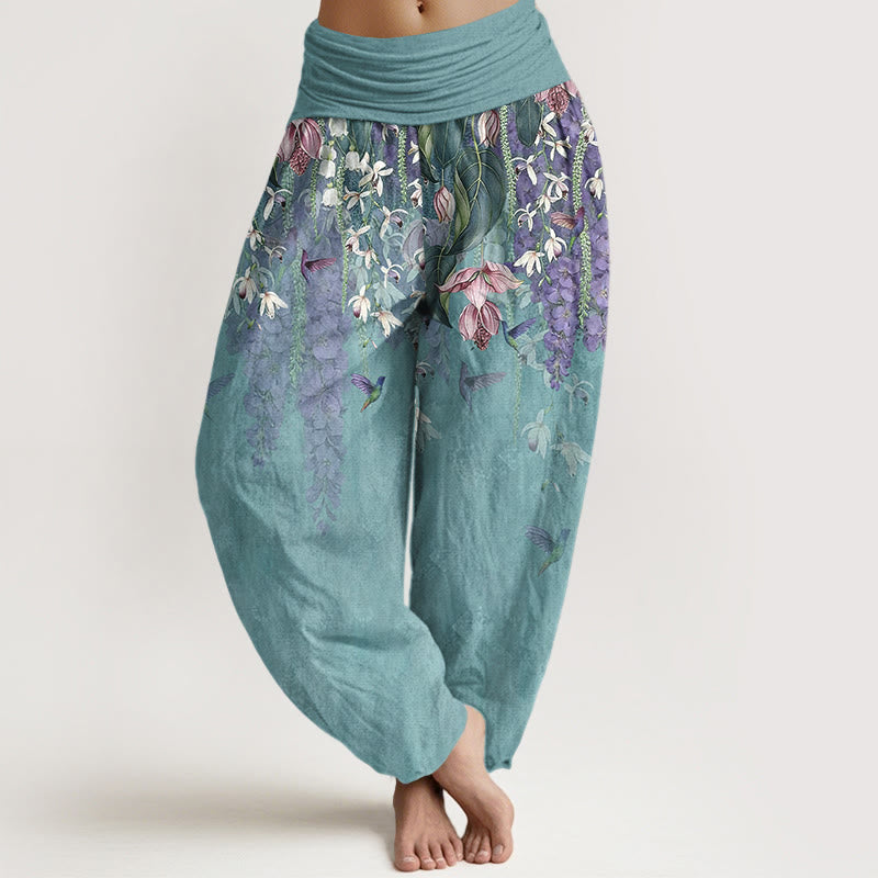 Buddha Stones Spodnie damskie typu harem z elastycznej talii z czystej bawełny z motywem ptaków orchidei - Średnioturkusowy - US16, UK/AU20, EU48 (3XL) - image 0