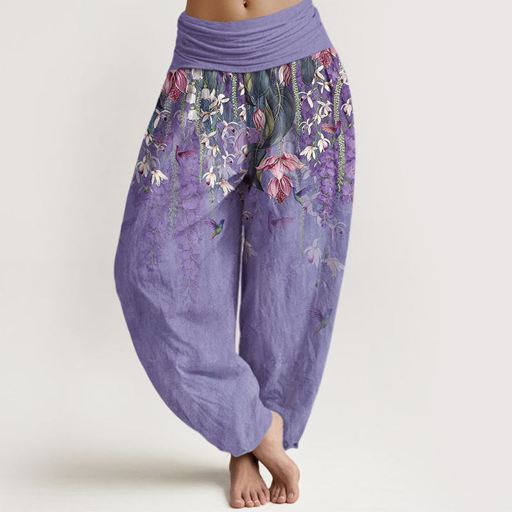 Buddha Stones Spodnie damskie typu harem z elastycznej talii z czystej bawełny z motywem ptaków orchidei - Średniofioletowy - US16, UK/AU20, EU48 (3XL) - image 5