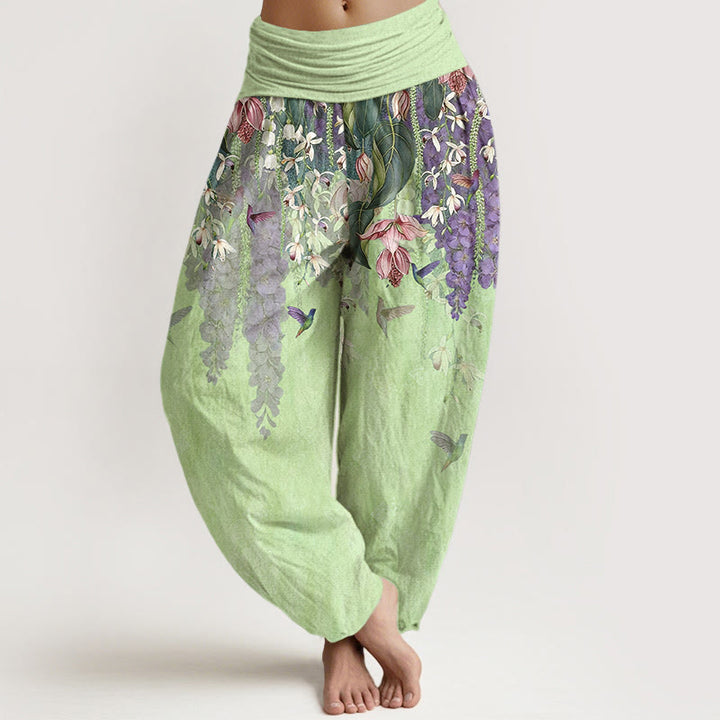 Buddha Stones Spodnie damskie typu harem z elastycznej talii z czystej bawełny z motywem ptaków orchidei - Miodowa spadź - US16, UK/AU20, EU48 (3XL) - image 8