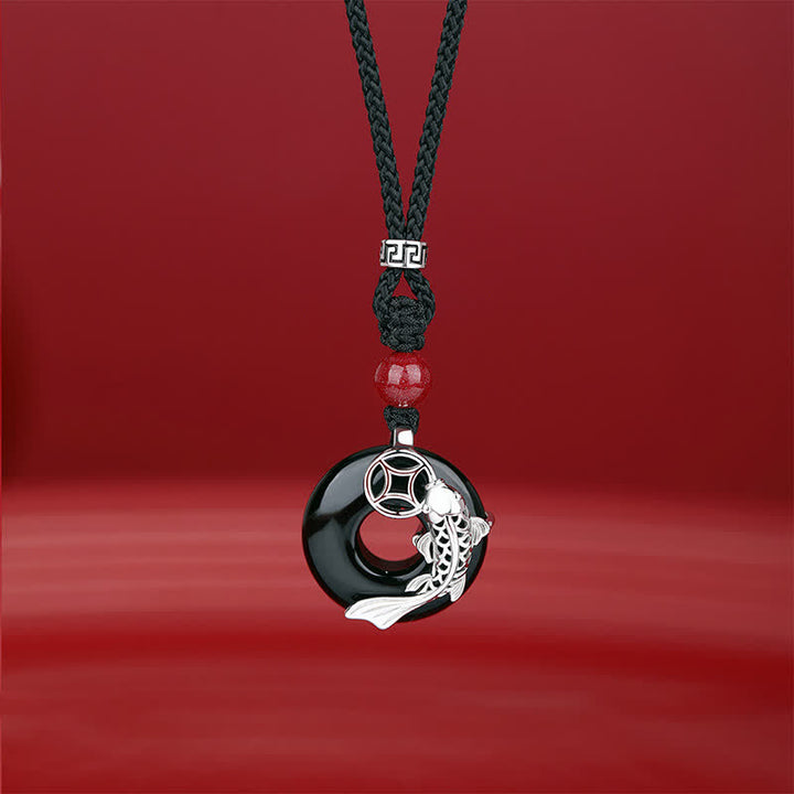 Buddha Stones Naszyjnik z plecionego, okrągłego naszyjnika w stylu chińskim z jadeitu w kształcie ryby Koi Success - Czarny Onyks (Ochrona ♥ Fortuna) - srebro (Czystość ♥ Intuicja) - image 4