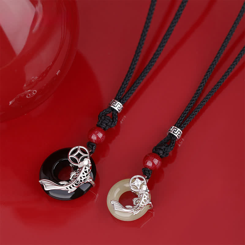 Buddha Stones Naszyjnik z plecionego, okrągłego naszyjnika w stylu chińskim z jadeitu w kształcie ryby Koi Success - image 0
