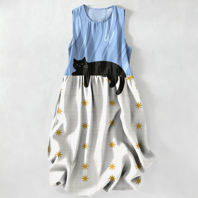 Buddha Stones Letnia, swobodna, damska sukienka midi bez rękawów z kieszeniami, w czarne gwiazdki i wzór kota - LightSkyBlue - US16, UK/AU20, EU48 (3XL) - image 4