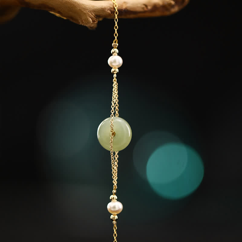 Buddha Stones Bransoletka na kostkę z perłowym łańcuszkiem zabezpieczającym z jadeitu Hetian Peace Buckle - image 2