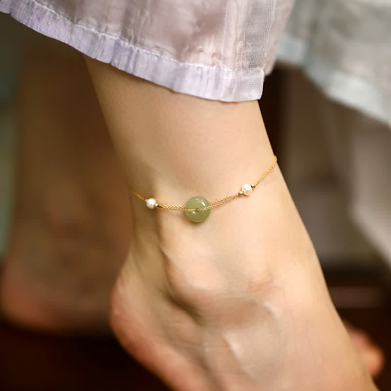 Buddha Stones Bransoletka na kostkę z perłowym łańcuszkiem zabezpieczającym z jadeitu Hetian Peace Buckle - Klamra Pokoju (Pokój ♥ Bezpieczeństwo) - image 0
