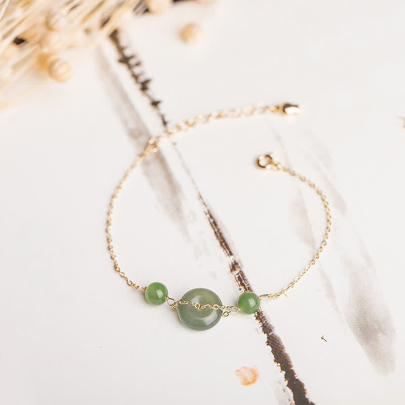 Buddha Stones Bransoletka z jadeitu Hetian Peace Buckle Harmony w minimalistycznym, okrągłym łańcuszku - Jadeit Hetian (dobrobyt ♥ szczęście) - image 0