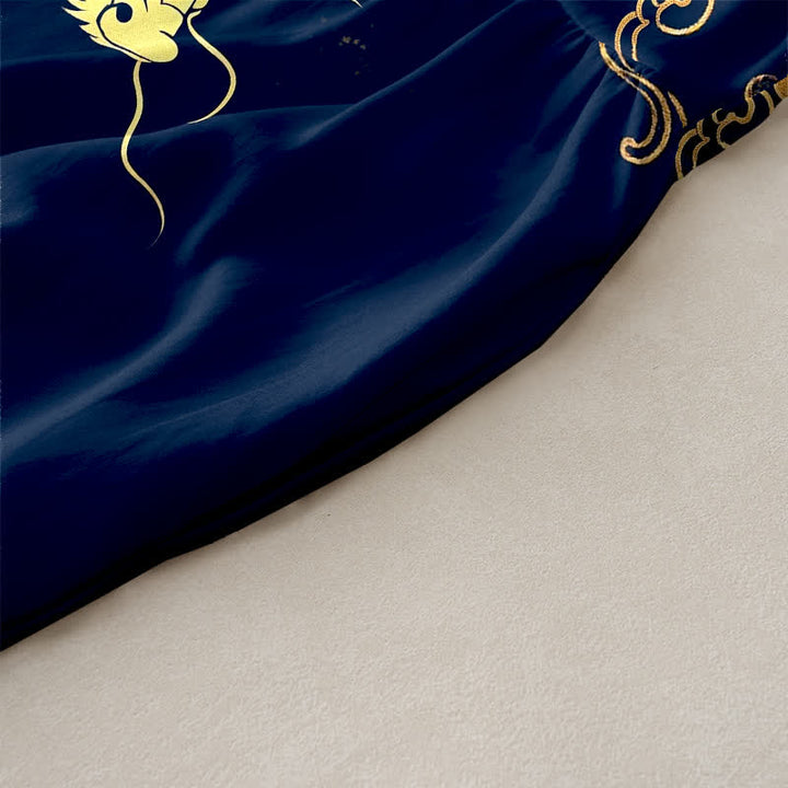 Buddha Stones Letnia, swobodna, damska sukienka midi bez rękawów z kieszeniami i złotym wzorem w chmurki smoka - image 2