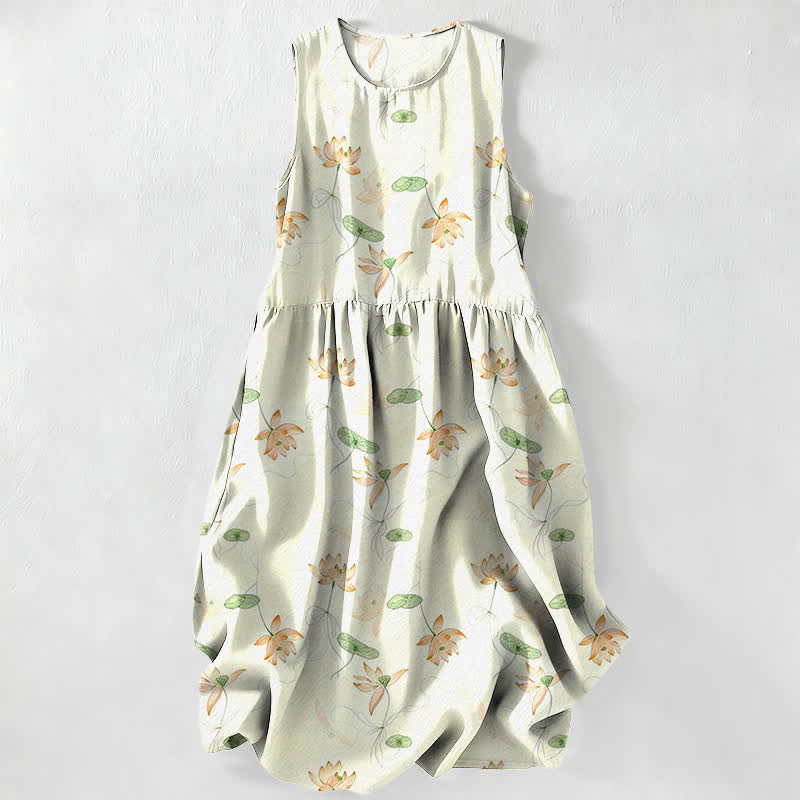 Buddha Stones Letnia, swobodna, damska sukienka midi bez rękawów z kieszeniami i wzorem w liście lotosu - Miodowa spadź - US16, UK/AU20, EU48 (3XL) - image 8