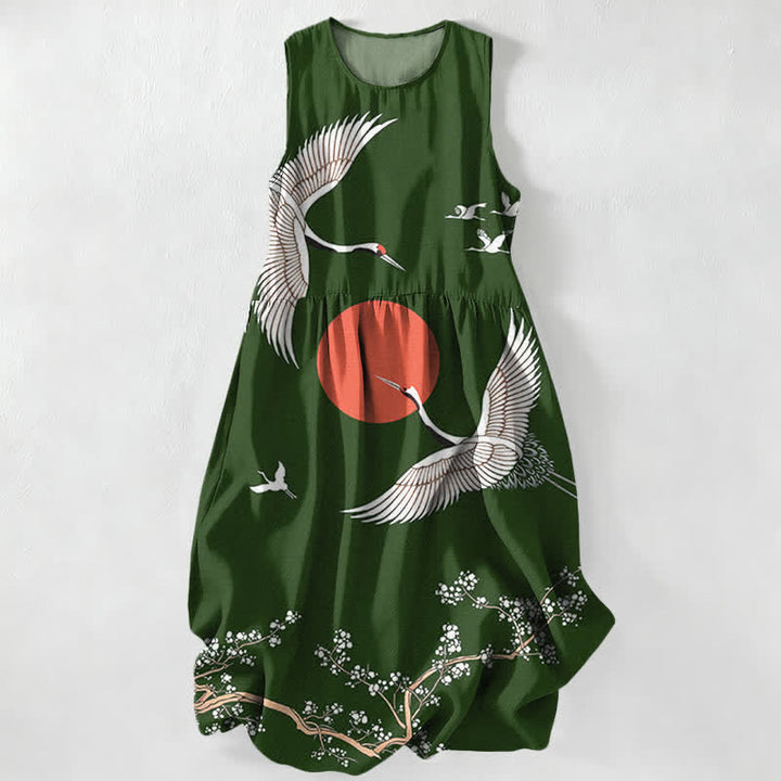 Buddha Stones Letnia, swobodna, damska sukienka midi bez rękawów z kieszeniami w kolorze czerwonego żurawia i wzorem słońca - ForestGreen - US16, UK/AU20, EU48 (3XL) - image 8