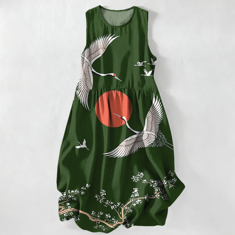 Buddha Stones Letnia, swobodna, damska sukienka midi bez rękawów z kieszeniami w kolorze czerwonego żurawia i wzorem słońca - ForestGreen - US16, UK/AU20, EU48 (3XL) - image 8