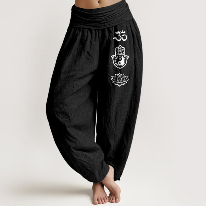 Buddha Stones Czysta bawełna, damskie spodnie haremowe z elastyczną talią, wzór Om Hamsa Yin Yang Lotus - Czarny - US16, UK/AU20, EU48 (3XL) - image 5