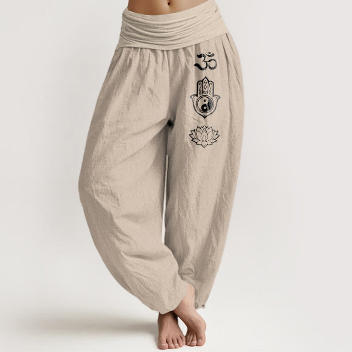 Buddha Stones Czysta bawełna, damskie spodnie haremowe z elastyczną talią, wzór Om Hamsa Yin Yang Lotus - Dębnik - US16, UK/AU20, EU48 (3XL) - image 0