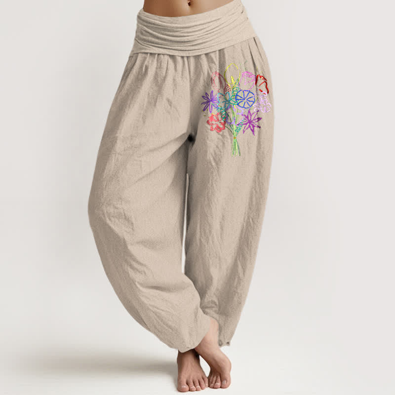 Buddha Stones Spodnie damskie typu harem z elastycznej talii z motywem bukietu kwiatowego z czystej bawełny - Dębnik - US16, UK/AU20, EU48 (3XL) - image 14