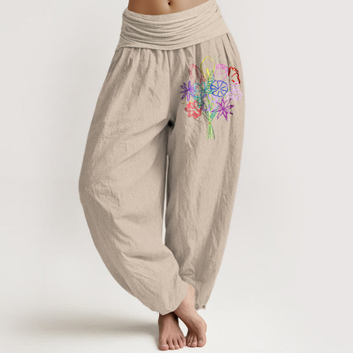 Buddha Stones Spodnie damskie typu harem z elastycznej talii z motywem bukietu kwiatowego z czystej bawełny - Dębnik - US16, UK/AU20, EU48 (3XL) - image 14