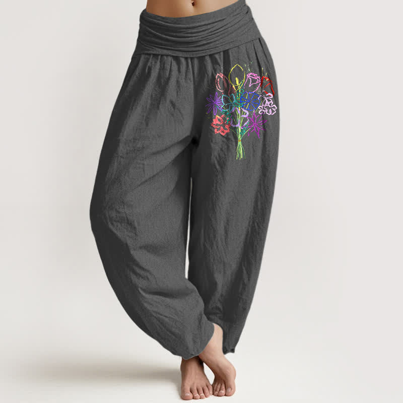 Buddha Stones Spodnie damskie typu harem z elastycznej talii z motywem bukietu kwiatowego z czystej bawełny - DimGray - US16, UK/AU20, EU48 (3XL) - image 8